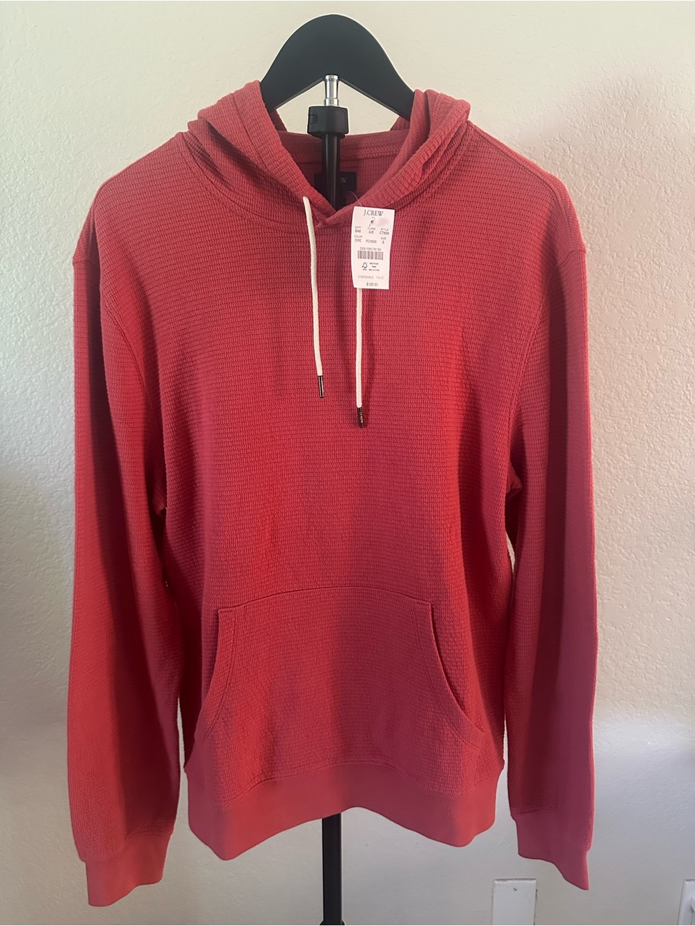 J. Crew Coral Red Waffle-Knit Hooded Sweater, size Small